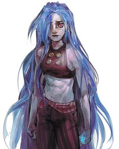 a drawing of a woman with blue hair and piercings on her chest, standing in front of a white background