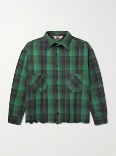 SAINT Mxxxxxx's checked shirt is thoroughly distressed along the placket and hem to look like an authentic vintage style. It's made from soft cotton-flannel and has dropped shoulder seams to accentuate the relaxed cut. Bike Jacket, Hair Wrap Scarf, Spain Barcelona, Fits Aesthetic, Distressed Shirt, Best Clothing, Shirt Refashion, Mens Flannel Shirt, Custom Clothing