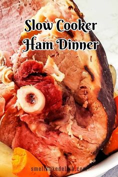 slow cooker ham dinner in a white bowl