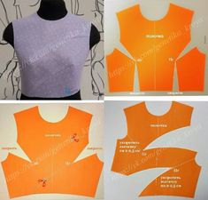 three different views of the front and back of an orange top with white polka dots