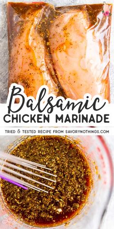 balsamic chicken marinade in a bag with the title above it and an image of