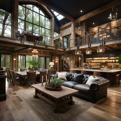 a living room filled with furniture and lots of windows next to a wooden flooring area