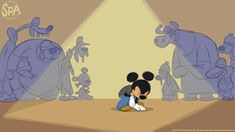 a cartoon character kneeling down in front of some statues