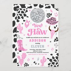 a pink and black birthday party card with cow print on the front, cowboy themed design