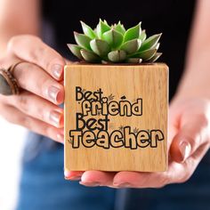 a person holding a small wooden box with a succulent plant in it's center