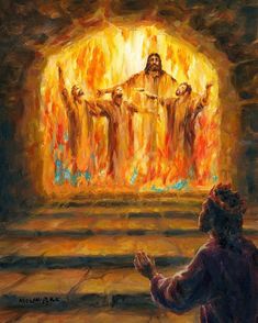 a painting of jesus appearing to be surrounded by flames