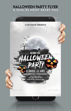 halloween party flyer template with pumpkins and bats