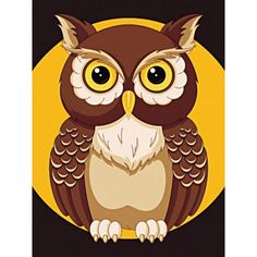 an owl with big eyes sitting in front of a yellow and black circle on a dark background