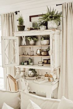 a living room filled with lots of furniture and plants on top of it's shelves