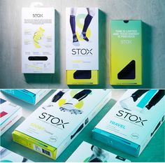 two boxes with different types of footwear on them and one has the word stox printed on it