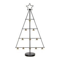 a metal christmas tree with bells on it's sides and a star on top