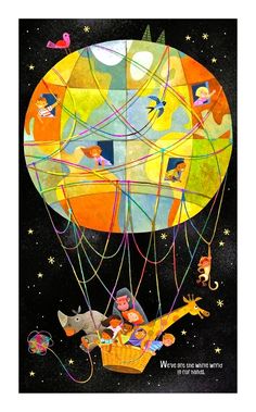 an image of children flying in a hot air balloon with the moon and stars above them