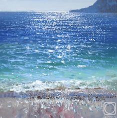 an oil painting of the ocean and beach