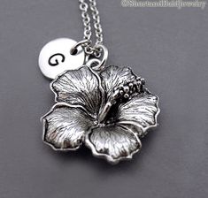 Hibiscus necklace, Hibiscus jewelry, Hibiscus charm necklace, antique silver, initial necklace, init Hibiscus Jewelry, Hibiscus Necklace, Pizza Necklace, Silver Initial Necklace, Hawaiian Fashion, Pretty Ear Piercings, Food Charms, Material Things, Necklace Initial