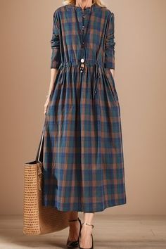 Women's Cotton & Linen Fashion Clothing - Cherieday Plaid Bohemian Dresses For Fall, Casual Plaid Maxi Dress For Spring, Casual Plaid Midi Dress For Fall, Bohemian Plaid Dress For Fall, Casual Plaid Dresses With Pockets, Casual Plaid Maxi Dress, Cotton Plaid Dress With Buttons For Daywear, Spring Cotton Plaid Long Sleeve Dress, Bohemian Plaid Fall Dresses