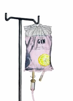 a bag with a lemon on it hanging from a hook in front of a water faucet