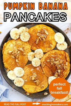 Several pumpkin banana pancakes in a pan topped with sliced bananas, with a text overlay with the name of the recipe. Pumpkin Banana Oat Pancakes, Animal Based Pancakes, Healthy Banana Pumpkin Recipes, Pumpkin Banana Pancakes, Leftover Canned Pumpkin, Healthy Pumpkin Pancakes, Use Ripe Bananas, Healthy Banana Pancakes, Pumpkin Protein Pancakes