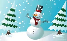 a snowman with a top hat and scarf is standing in the snow surrounded by trees