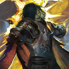 a digital painting of a man in armor with flames coming out of his chest and arms