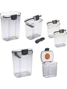 four different containers with lids and spoons in them