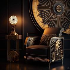 an art deco chair in front of a wall with a clock on it's face