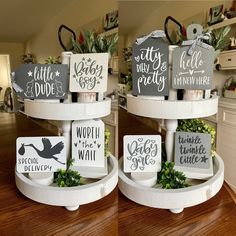 three tiered trays filled with different types of signs on top of a wooden table