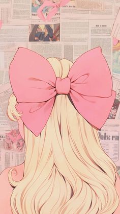 a girl with long blonde hair and a pink bow on her head looking at newspaper pages