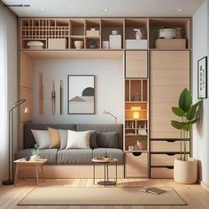 a living room filled with lots of furniture next to a wall mounted book shelf on top of a hard wood floor