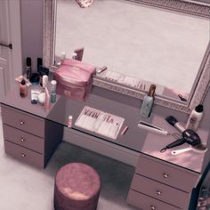 the vanity is full of cosmetics and personal care items, including a pink bag on it