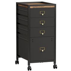 a black filing cabinet with four drawers on casteors and two wooden top wheels,