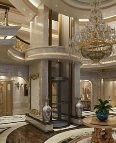 an elaborately decorated foyer with chandelier and marble flooring is pictured in this rendering