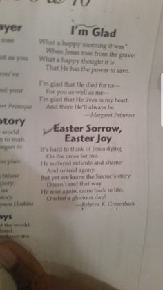 a close up of a piece of paper with words on it and an easter story