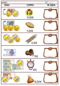 spanish money worksheet with coins and other items