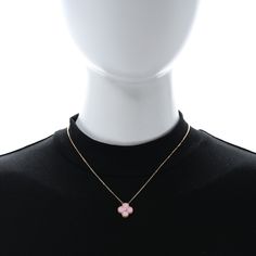 This is an authentic VAN CLEEF & ARPELS 18K Rose Gold Diamond Pink Porcelain Vintage Alhambra Pendant Necklace. The necklace is crafted of 18 karat rose gold and features the signature Alhambra clover motif set with pink porcelain and a single round brilliant cut diamond, approximately .05 carat. Vintage Alhambra Pendant, Alhambra Pendant, Pink Porcelain, Rose Gold Pendant Necklace, Porcelain Vintage, Authentic Vans, Van Cleef And Arpels, Van Cleef Arpels, Van Cleef