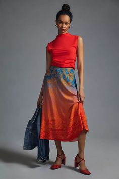 Slip Midi Skirt, Orange Fits, Satin Slip, Best Jeans, Farm Rio, 50 Fashion, Women Skirts Midi, Paisley Print, Blue Orange