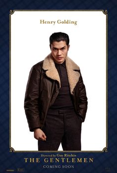 the gentlemen movie poster with henry golding wearing a brown leather jacket and fur collar