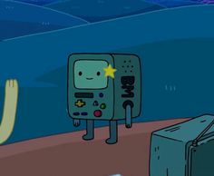 a cartoon character standing in front of a tv next to an open box with a star on it