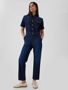 Denim Jumpsuit | Gap Gap Casual Full Length Jeans, Gap Casual Jeans, Dark Wash Straight Bottoms For Summer, Casual Full-length Gap Jeans, Casual Full Length Gap Jeans, Gap Relaxed Fit Jeans For Workwear, Gap Casual Jeans For Work, Relaxed Fit Full-length Denim Jumpsuit, Fitted Straight Leg Recycled Denim Pants