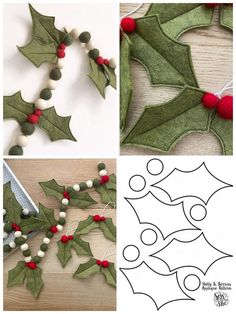 christmas decorations made out of felt and beads are shown in three different pictures, including holly leaves