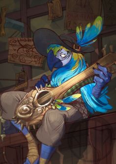 a cartoon character playing a guitar with a parrot on his back