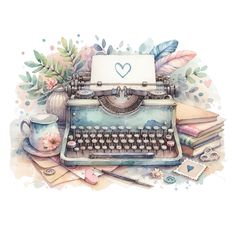 an old fashioned typewriter surrounded by flowers and other items, including a cup with a heart on it