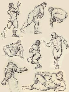 a bunch of sketches of people doing different poses