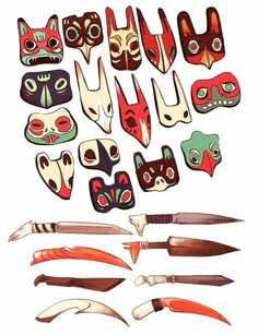 an assortment of masks and knives on a white background