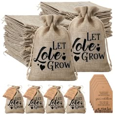 burlap bags with labels and tags for let love grow