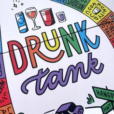 a poster with the words drunk thand written in different languages and colors on it