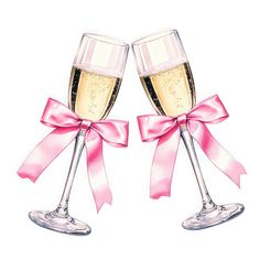 two glasses of champagne with pink bows on the rims, one filled with wine