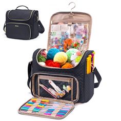 an open black bag with crochet and knitting supplies inside on a white background