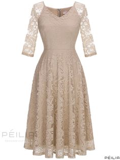 Peilia - Stylish A-Line Lace Dress with V-Neck and Long Sleeves, Perfect for Parties - Womens Fashion Bridesmaid Dress Midi, Bridesmaid Dresses Midi, Floral Evening Dresses, Elegant Dresses Short, Evening Midi Dress, Lace Bridesmaid Dress, Lace A Line Dress, Lovely Partner, V Neck Cocktail Dress