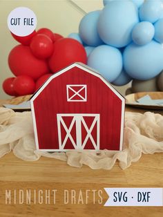 a red barn with blue balloons in the background and a sign that says midnight drafts svg - dxf