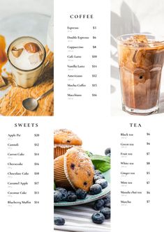 the menu for coffee and muffins is shown